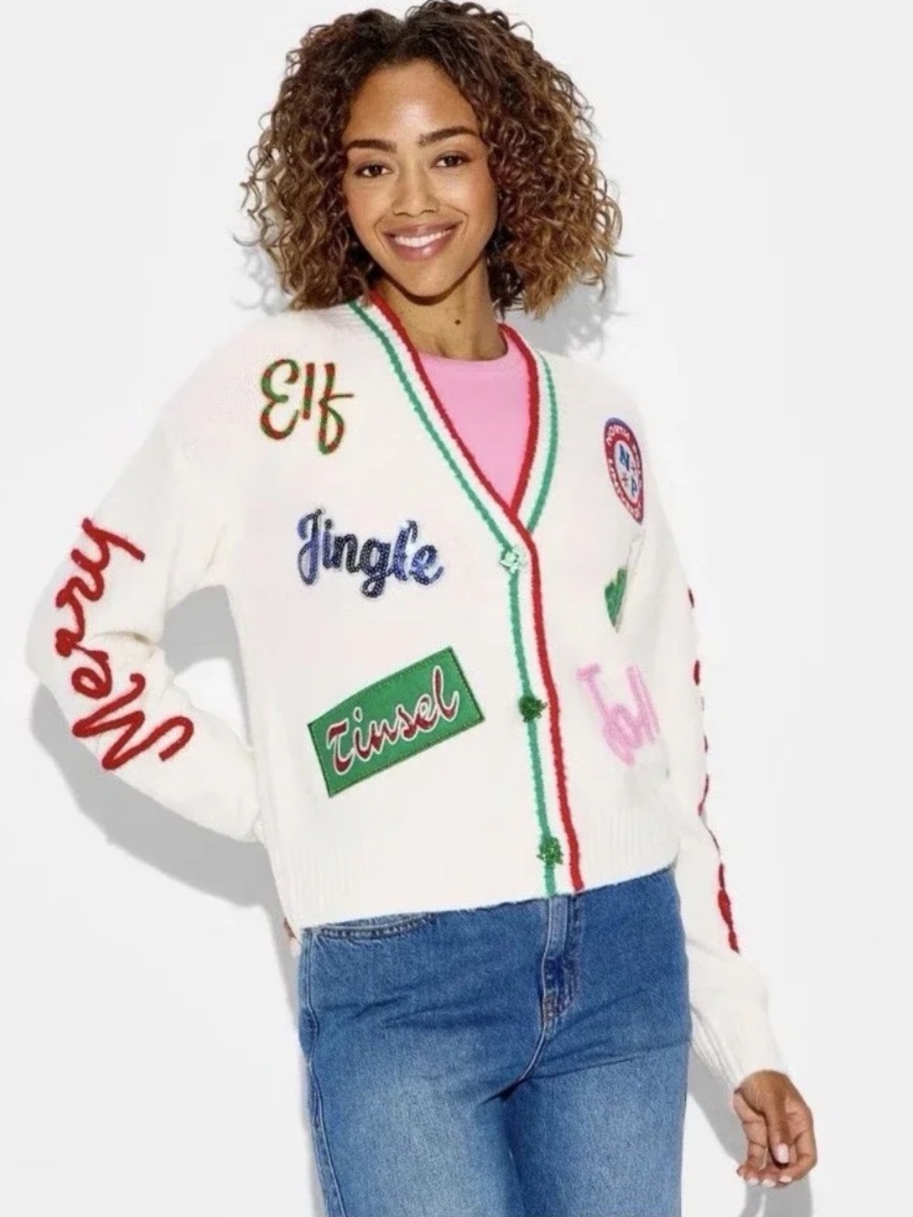33 Degrees Women's Holiday Patchwork Festive Graphic Cardigan Cream Size L NWT